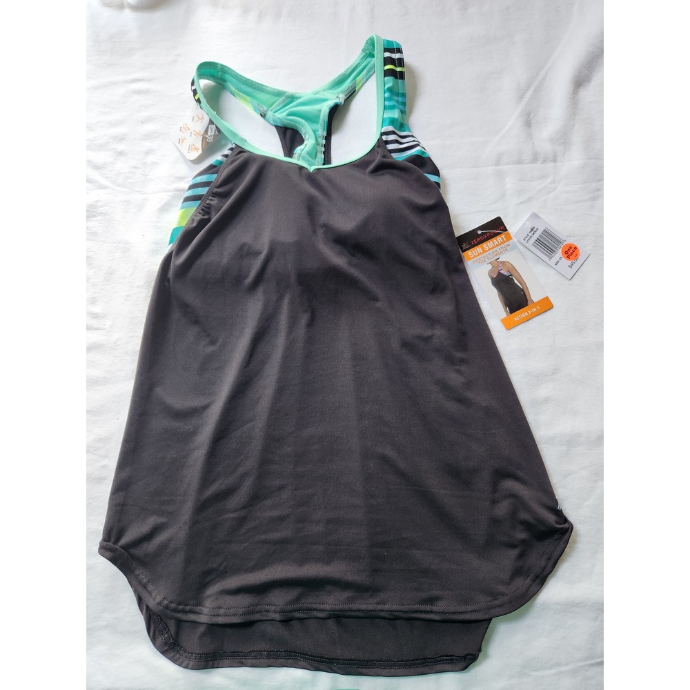 ZeroXposur Womens Action 2-in-1 Tankini Top Black Teal Striped XS Y98100